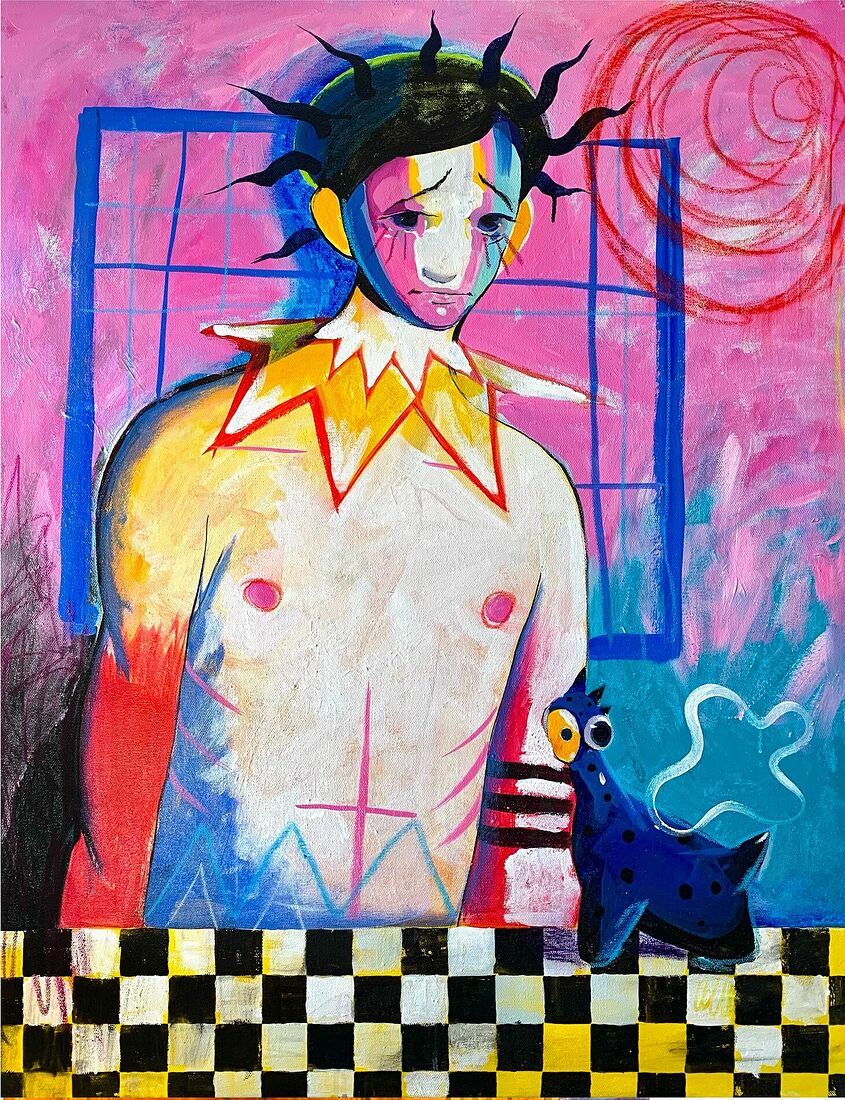 Dmitrii Filimonov contemporary artist. Selected artworks from 2020-2025. A normal person in an abnormal world acrylic on canvas, oil pastel 100*80 cm 2021