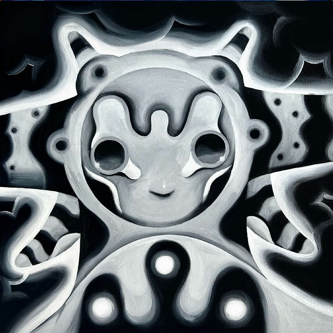 Dmitrii Filimonov contemporary artist. Portraits of the little beasts. B&W portrait oil on canvas 40*40 cm 2024 Sold