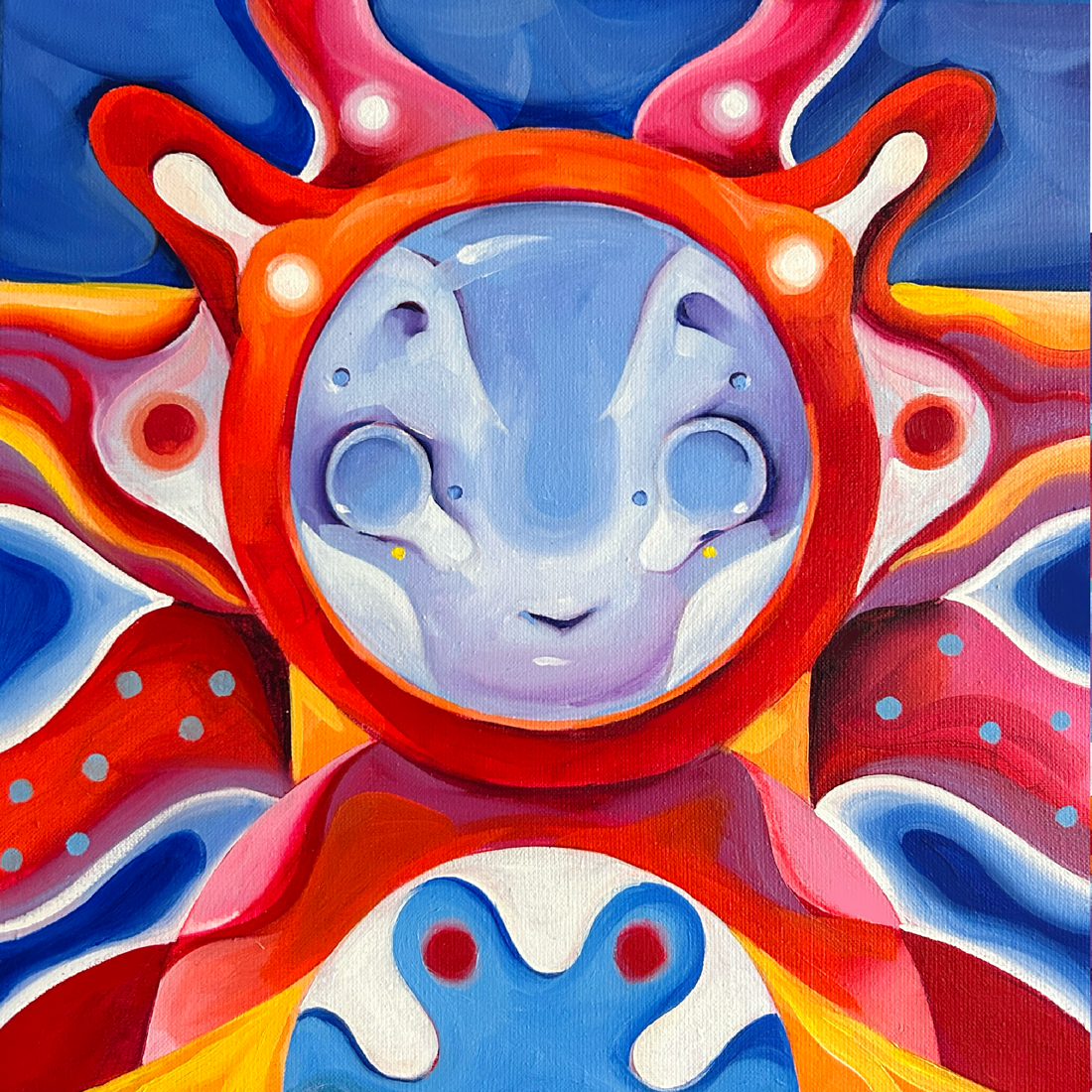 Dmitrii Filimonov contemporary artist. Portraits of the little beasts. Red Beast oil on canvas 40*40 cm 2025 For Sale